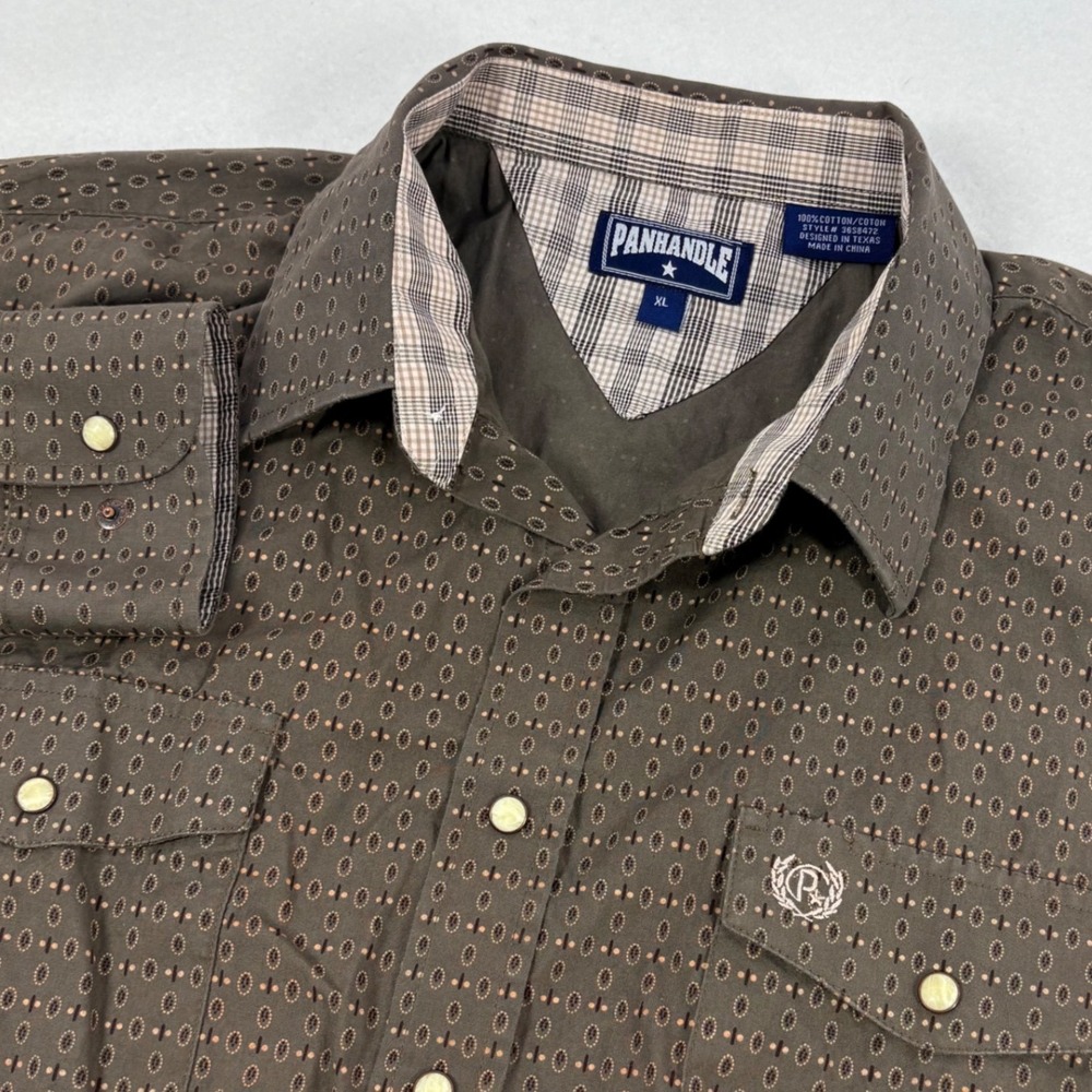 Panhandle Western Pearl Snap Shirt Mens XL Brown Geometric Cotton Rodeo Ranch
